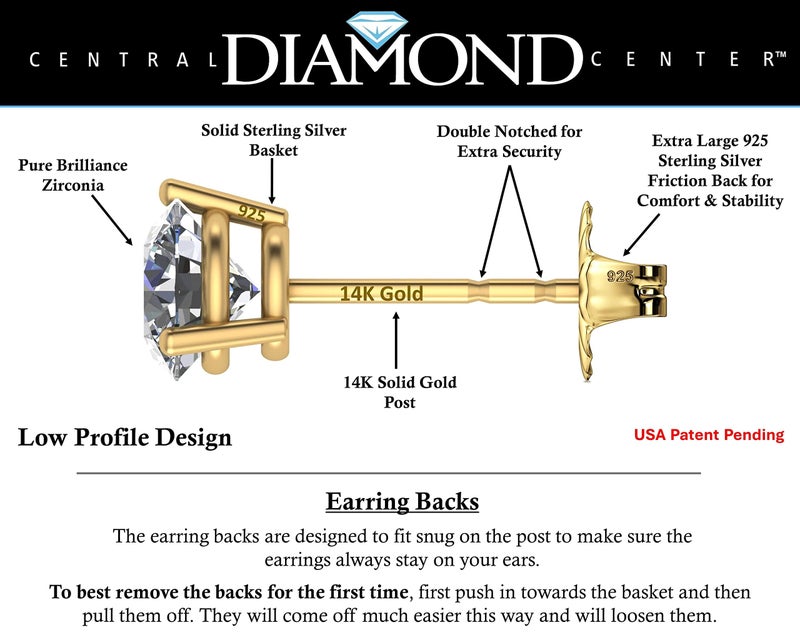 Central Diamond Center 14K Gold Post & Sterling Silver Made with Swarovski Zirconia 3 Prong Martini Stud Earrings- Yellow Gold Plated 5.25mm 1.00ctw - Image 2